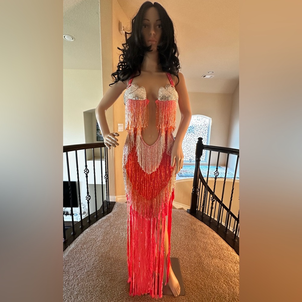 Orange Fringe and Crystal Belly Dance Dress Costume size M